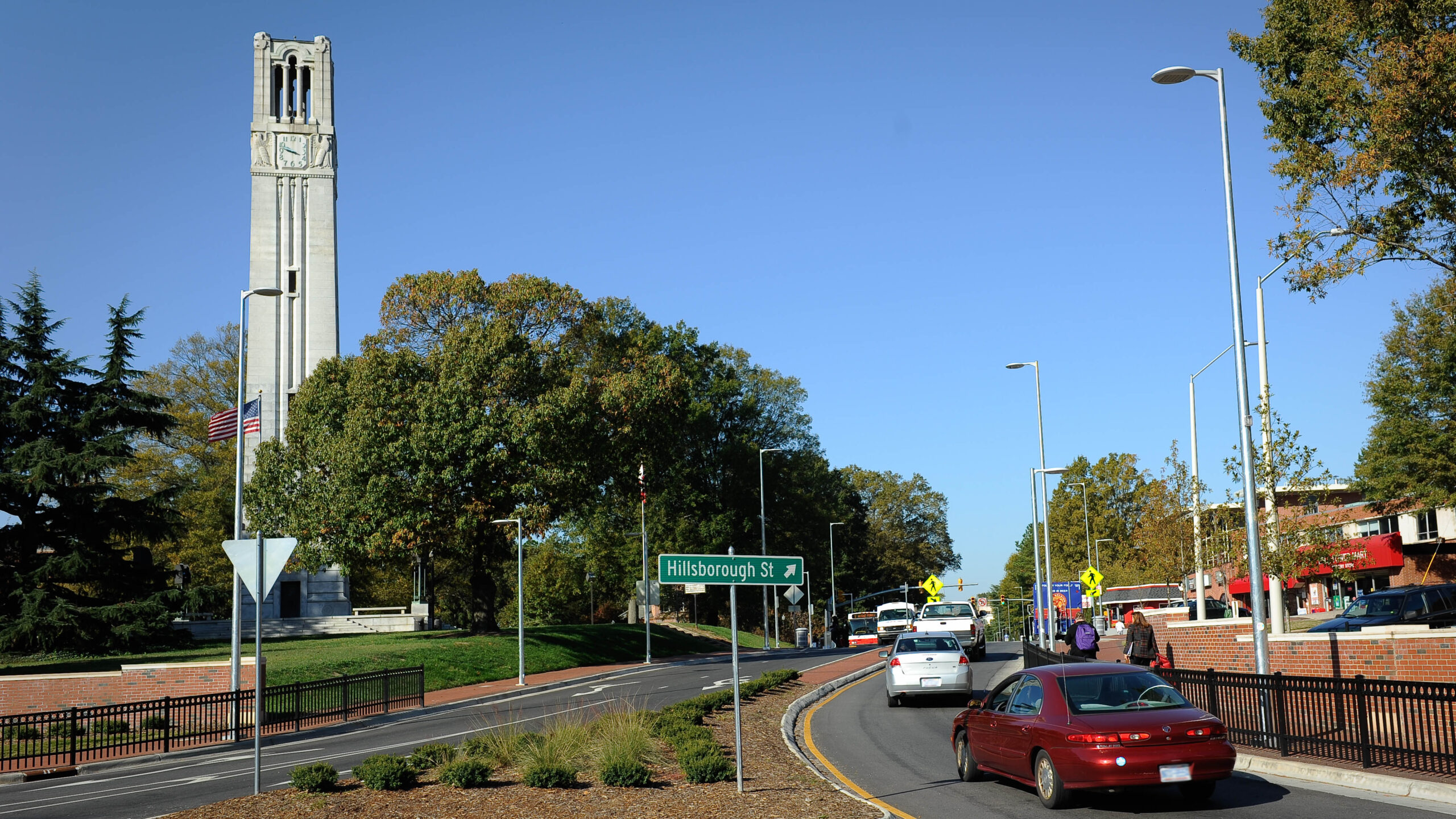 A view of Hillsborough Street and the Memorial Belltower from the roundabout