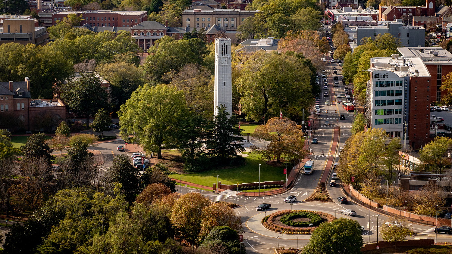 An aerial view of the NC State Belltower on a fall day. Photo by Becky Kirkland.